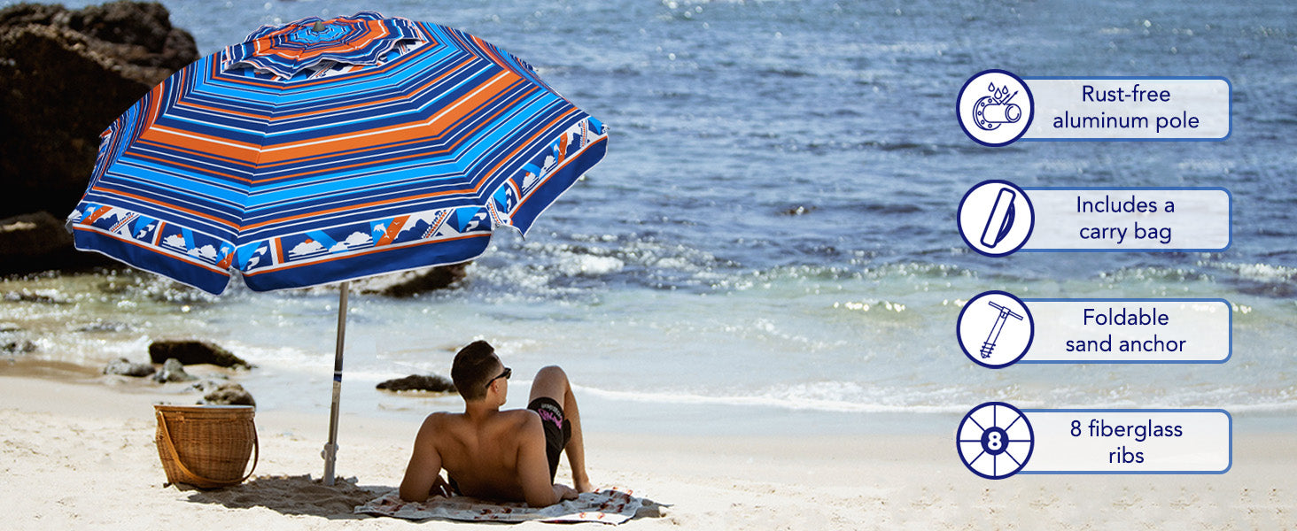 A man sitting under AMMSUN blue orange 7ft heavy duty umbrella for beach with sand anhcor, provides shade