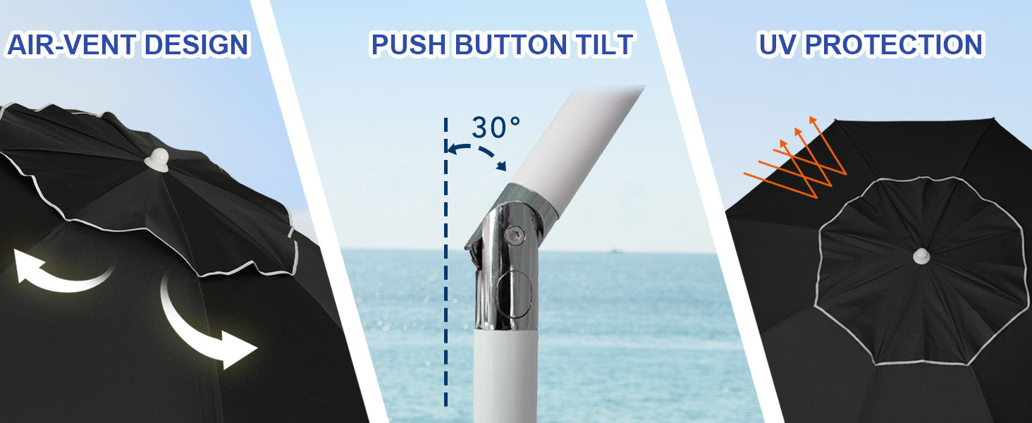 AMMSUN 6.5ft black sun protection umbrella for beach patio with air-vent and push button tilt