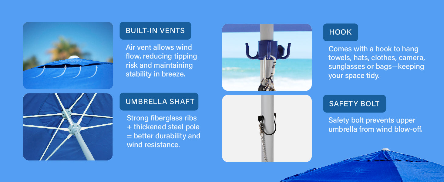 AMMSUN 8ft blue heavy duty beach umbrella with air vent and fiberglass ribs has a hanging hook and safety bolt