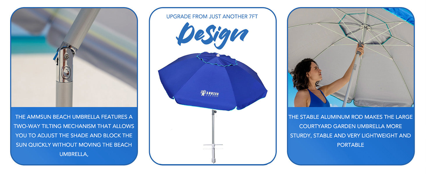 AMMSUN 7ft blue sun umbrella uv protection for beach air-vent with tilt and sand anchor