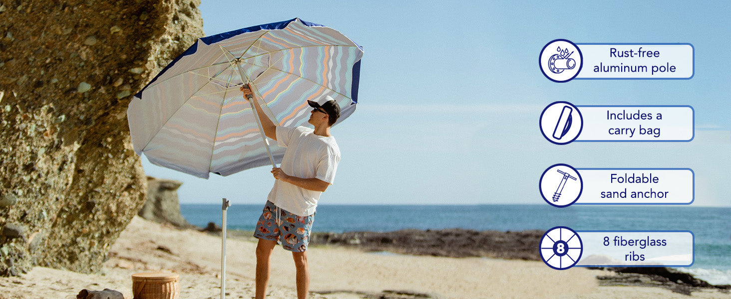 A man is assembling AMMSUN 7ft multicolor stripes travel beach umbrella with sand anchor