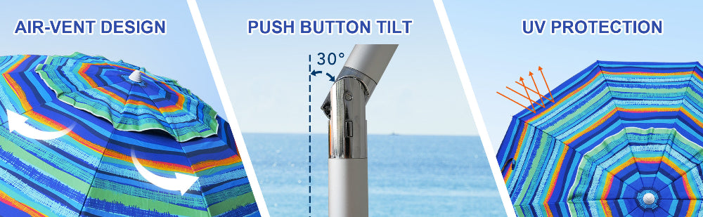 AMMSUN 8ft blue stripes uv protection sun umbrella beach sand anchor has air-vent and tilt