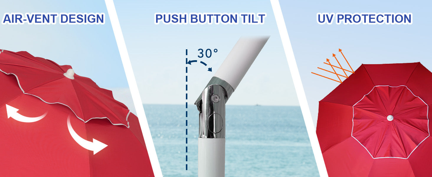 AMMSUN 6.5ft red beach umbrella uv protection with tilt and air-vent