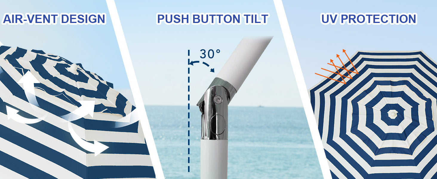 AMMSUN 6.5ft blue strips picnic umbrella portable for beach with air-vent and tilt, uv protection