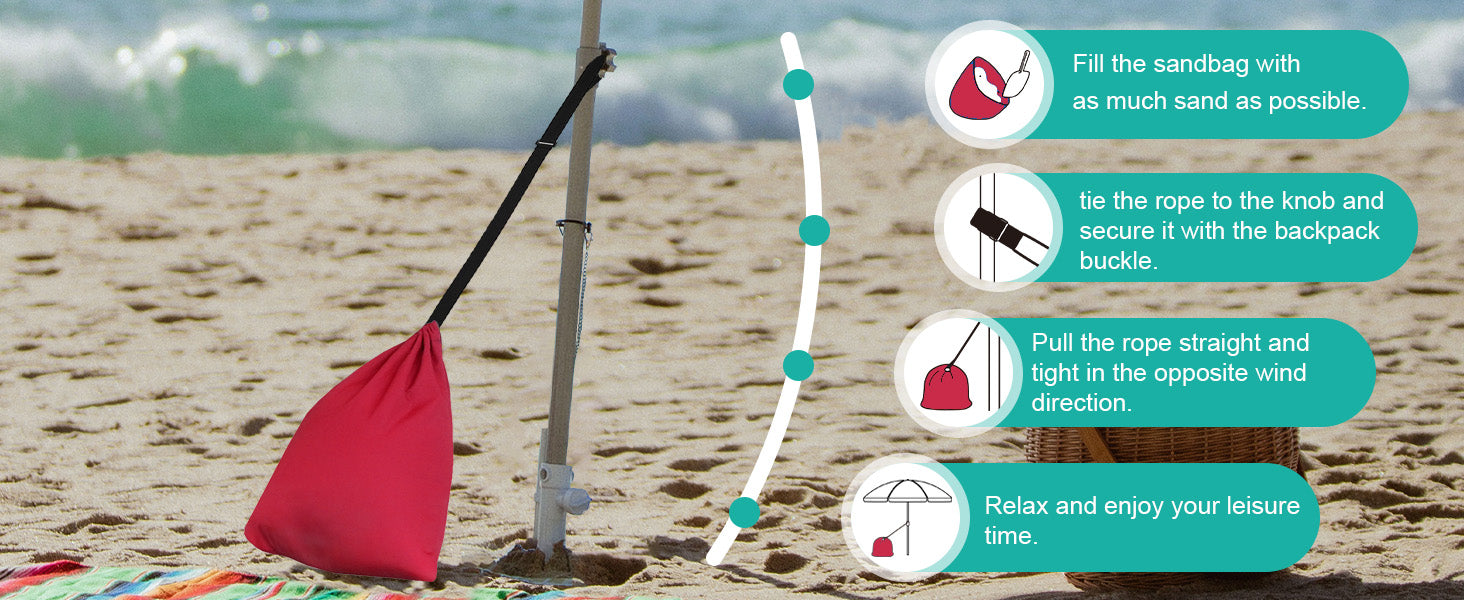 Filling the sandbag with sand to secure AMMSUN 8ft red best beach umbrella with stand