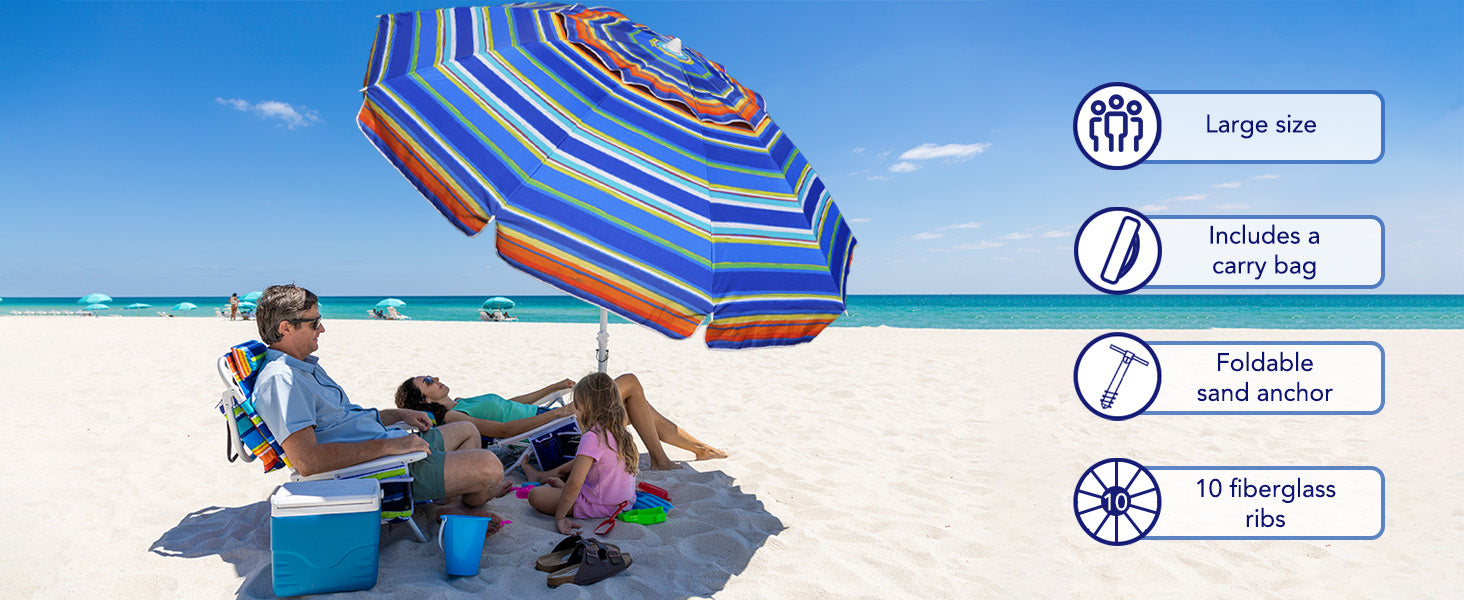 A family under an AMMSUN 8ft large beach umbrella with sand anchor for high wind portable outdoor umbrellas