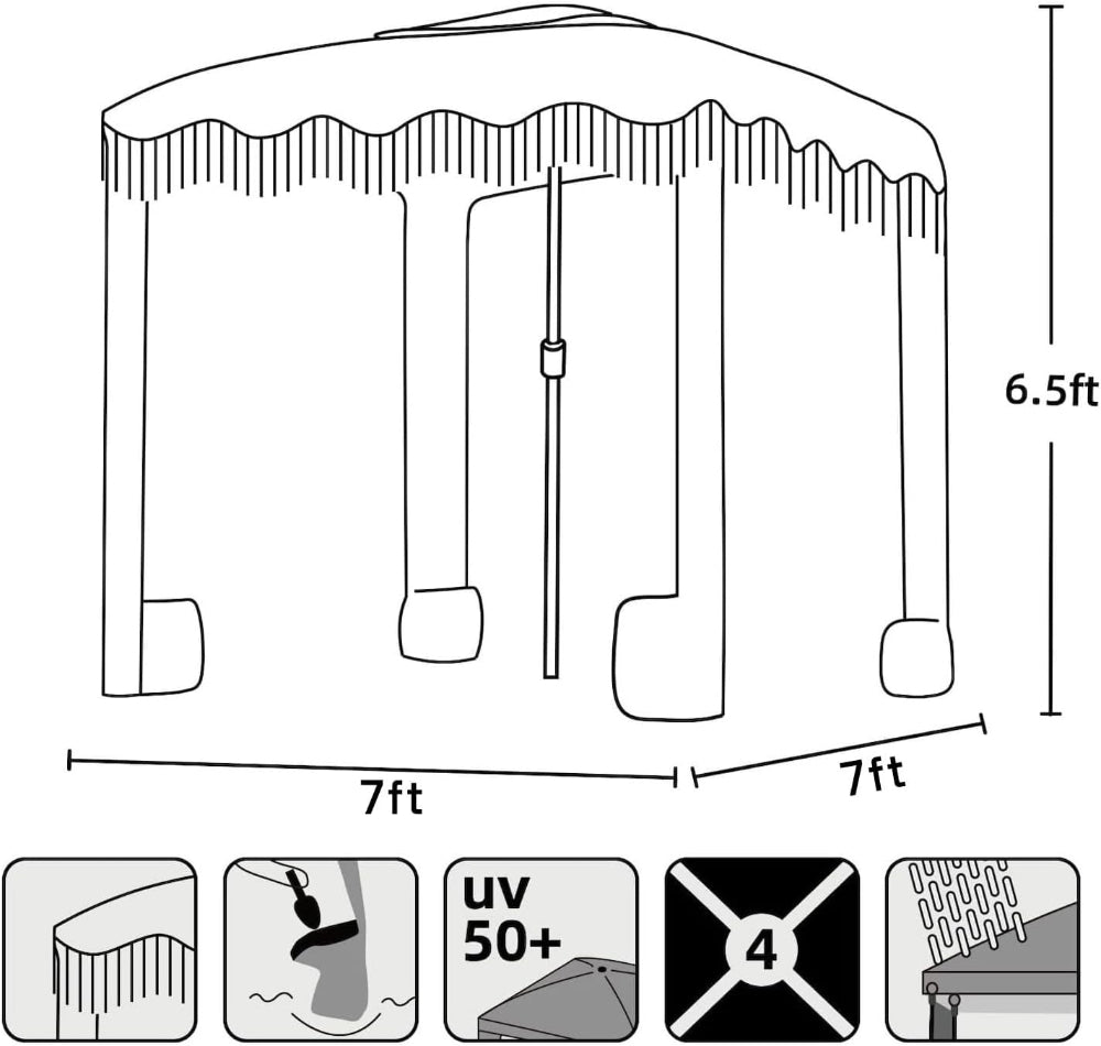 AMMSUN 7ftx7ft Boho beach tents for outfoor cabana in 6.5ft height with white fringe, with sand bags and sturdy frame