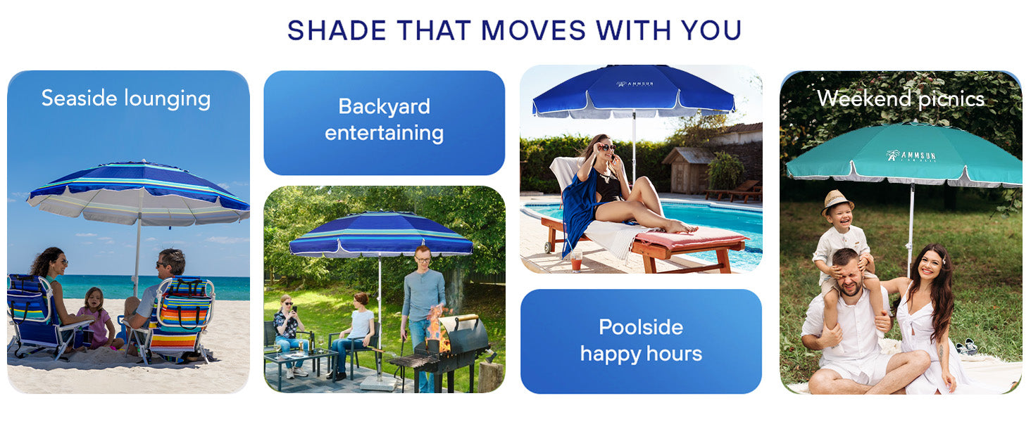 AMMSUN 8ft best beach umbrella for beach, backyard, poolside, and weekend plans.