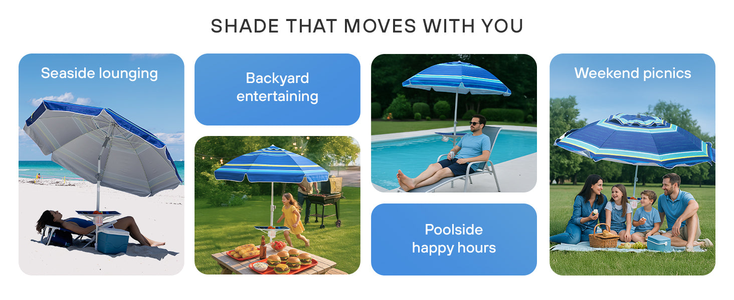 AMMSUN 7ft blue stripes beach umbrellas for sand with sand anchor and built-in table for backyrad, poolside and picnics