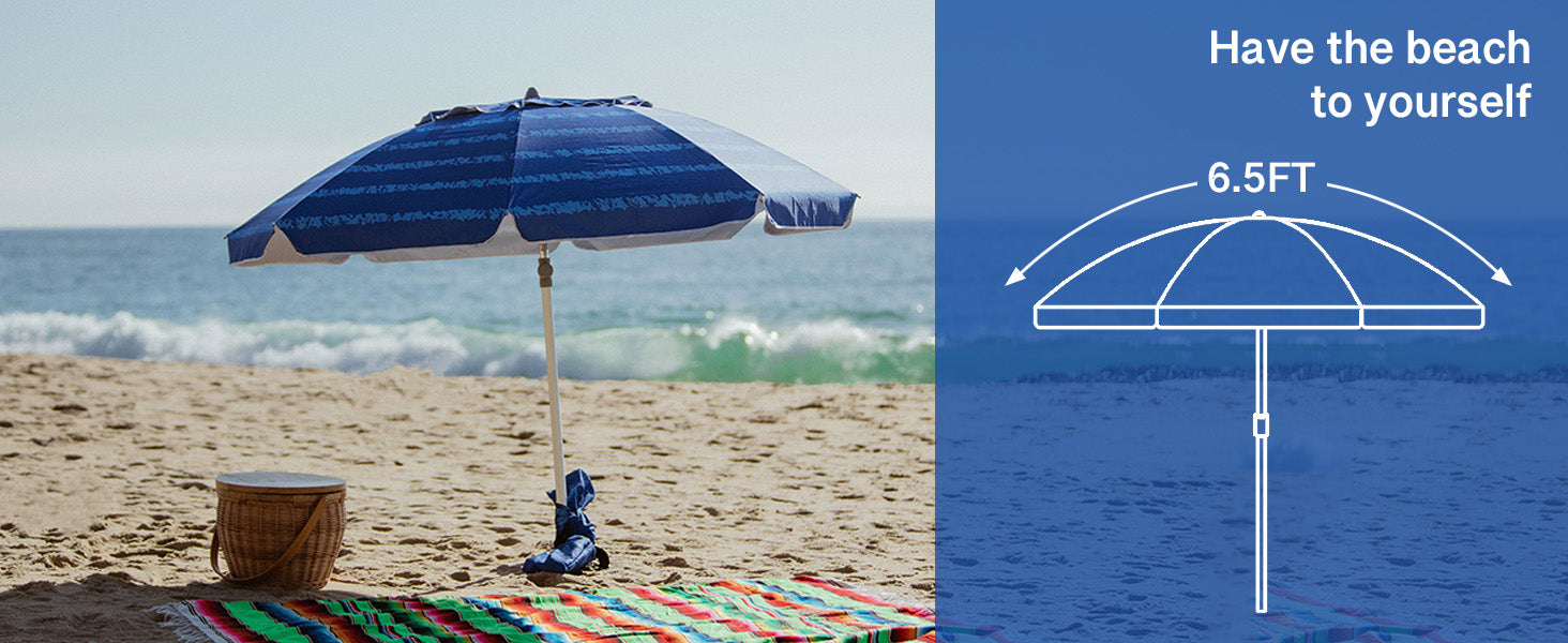 AMMSUN silence blue 6.5ft wind resistant beach umbrella with sand anchor on the beach