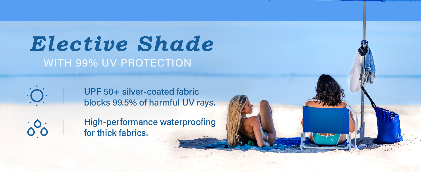 Two women relaxing under AMMSUN 8ft blue heavy duty umbrella with sand anchor on beach