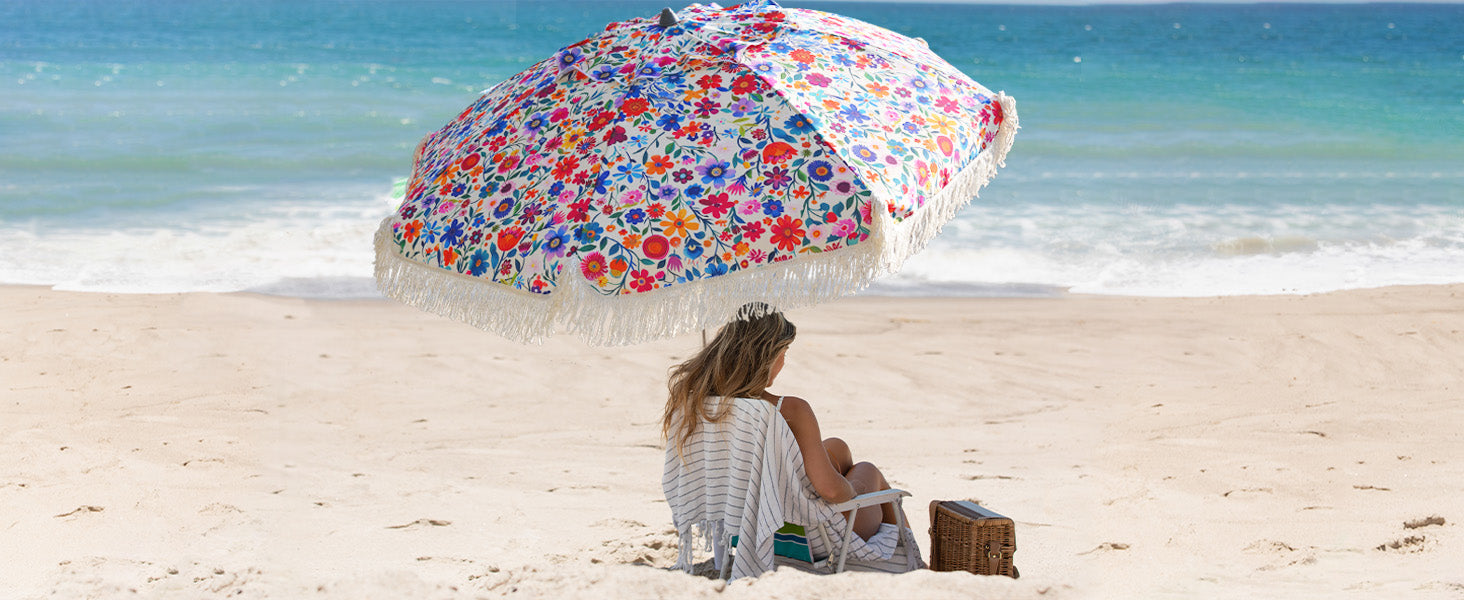 AMMSUN 6.5ft fringe Beach Umbrella,Blossom