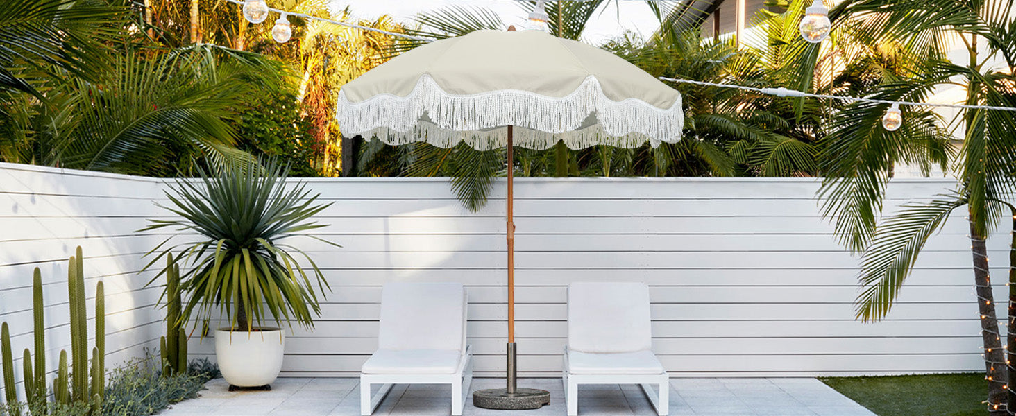 AMMSUN 6.5ft Boho Fringe Umbrella,Light Beige