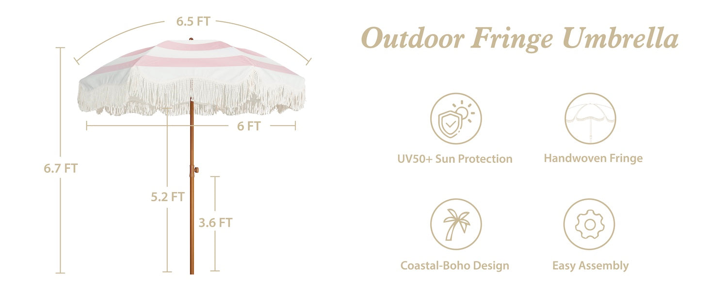 AMMSUN Boho Fringe Umbrella Outdoor Patio, 6.5ft UPF50+ Picnic Umbrella with Tassels with Steel Pole and Push Button Tilt