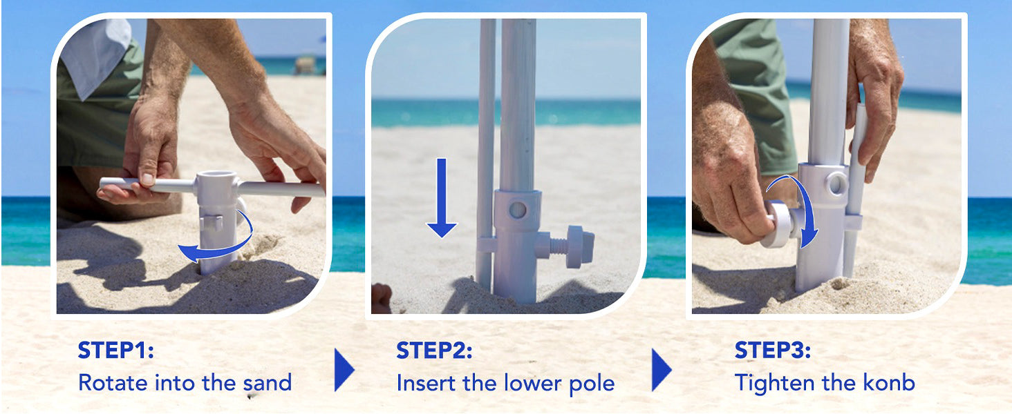 Using AMMSUN patent sand anchor to secure 8ft blue beach umbrella with hook and tray