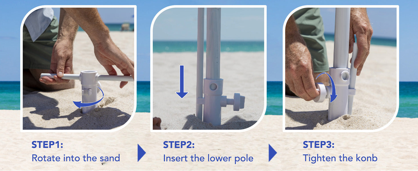 3 steps to use sand anchor with iron pipe for AMMSUN 8ft compact beach umbrella