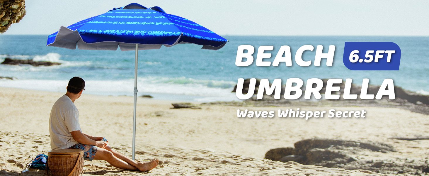 A man sitting under AMMSUN 6.5ft red stripes sun umbrella beach with sand anchor on the beach