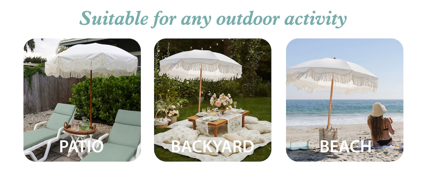 AMMSUN 6.5ft fringe umbrella outdoor ideal for the beach, patio, backyard, lawn, pool, and garden