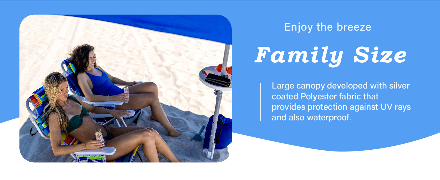 Two women sitting under AMMSUN 8ft blue heavy duty umbrella in 84.3