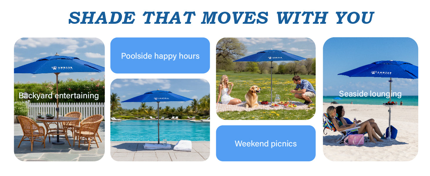 AMMSUN 8ft blue beach umbrella with sand anchor has air vent fits for backyard, poolside, picnics and easide