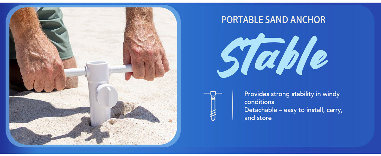 Portable sand anchor for AMMSUN 7ft heavy duty beach umbrella with hands using it on sand