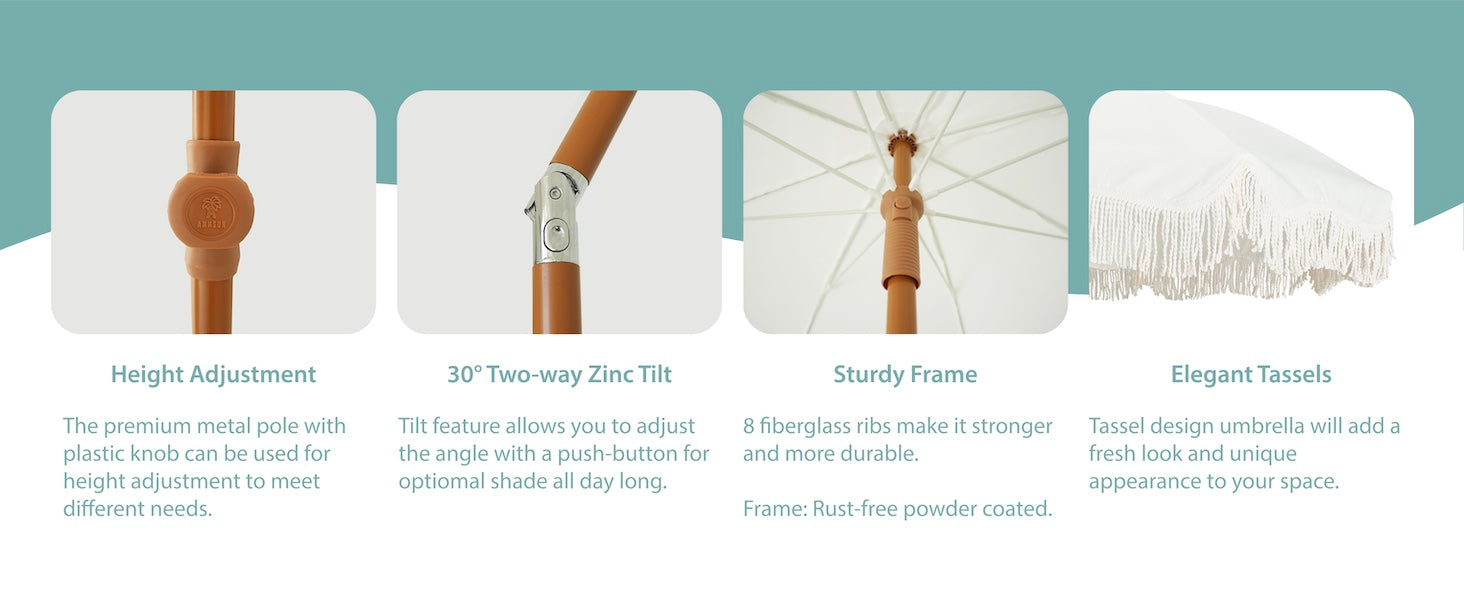 AMMSUN Boho Fringe Umbrella Outdoor Patio, 6.5ft UPF50+ Picnic Umbrella with Tassels with Steel Pole and Push Button Tilt