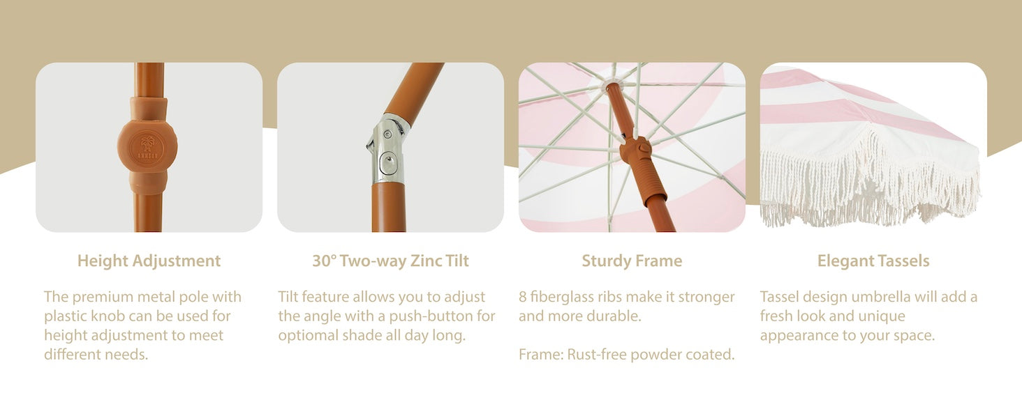 AMMSUN Boho Fringe Umbrella Outdoor Patio, 6.5ft UPF50+ Picnic Umbrella with Tassels with Steel Pole and Push Button Tilt