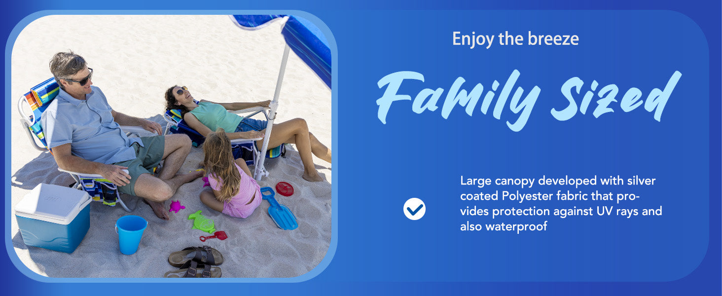 A family having fun under AMMSUN 8ft blue stripes travel beach umbrella with sand anchor on beach