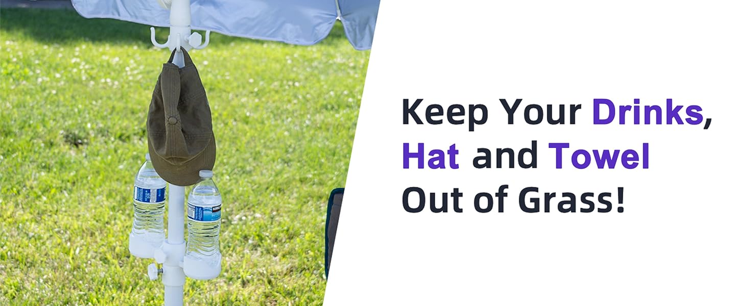 AMMSUN 6.5ft portable sports umbrella with stand for outdoor has drink holder for bottles, hat, and towel on grass with text advice.