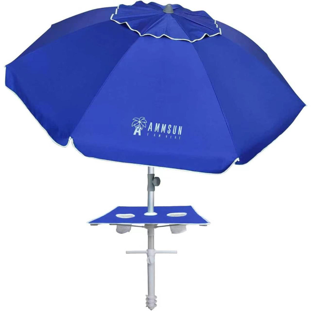 AMMSUN 7ft Beach Umbrella with sand anchor, Built-in Table, Blue - AMMSUN Beach Umbrella