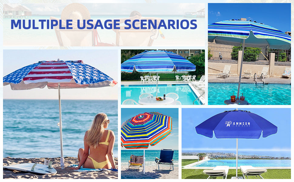 AMMSUN 6.5ft portable outdoor umbrella for beach has multiple usage scenarios